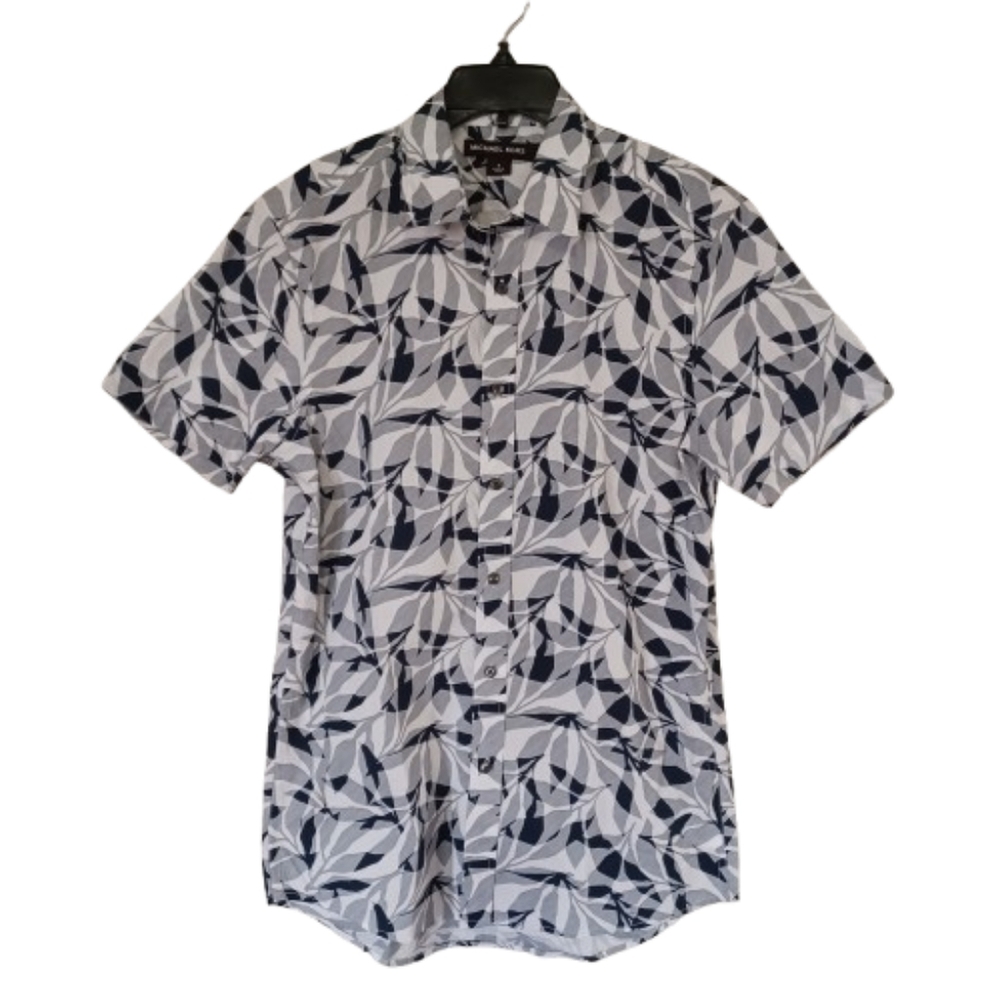MICHAEL KORS Mens Small Midnight Blue & White Leaf Print Button Front Shirt Top